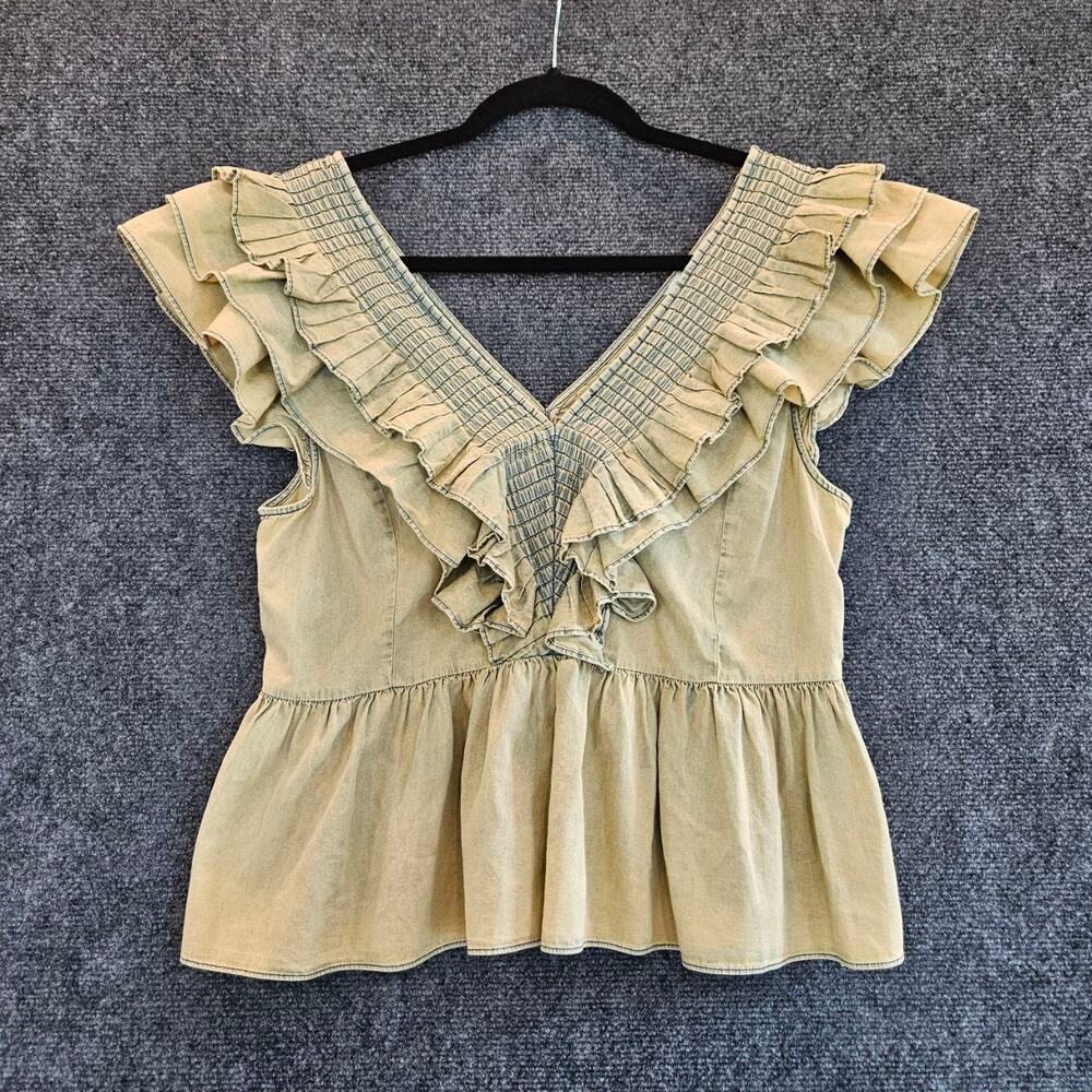 Maeve x Anthropologie Ruffle Chambray Washed Sage Top Size M
